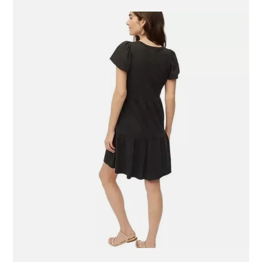 J.Crew Black Tiered Mini Dress M V Neck Flutter Sleeve Summer Sun Dress